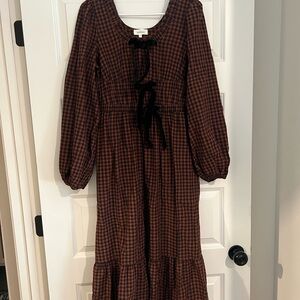 Bohme Checkered Long Sleeve Dress with Ribbon Accent